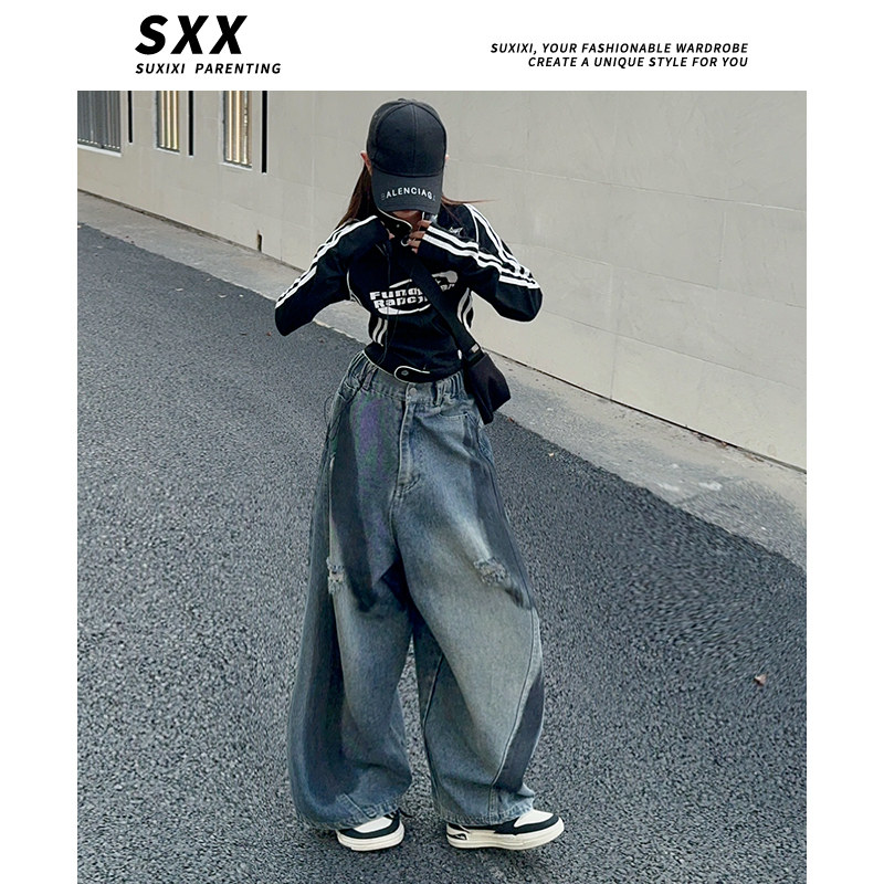 女童2025新款宽松休闲长裤子秋款薄款阔腿裤灯笼裤潮流宽松牛仔裤