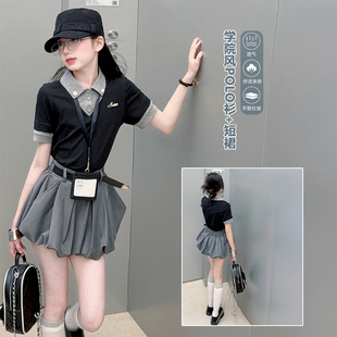 女童夏季黑色假两件polo衫正肩短袖t恤修身短款美式花苞裙套装