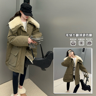 羊羔绒棉服女童2025冬季新款工装加绒加厚派克服冲锋衣外套中长款
