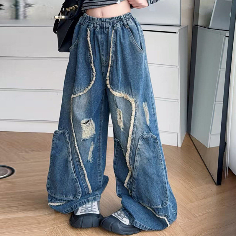 美式高街设计感解构流苏破洞牛仔裤女童2025秋季新款复古拖地裤,童装/婴儿装/亲子装,裤子,淘宝优惠券,粉丝福利购,淘宝优惠卷