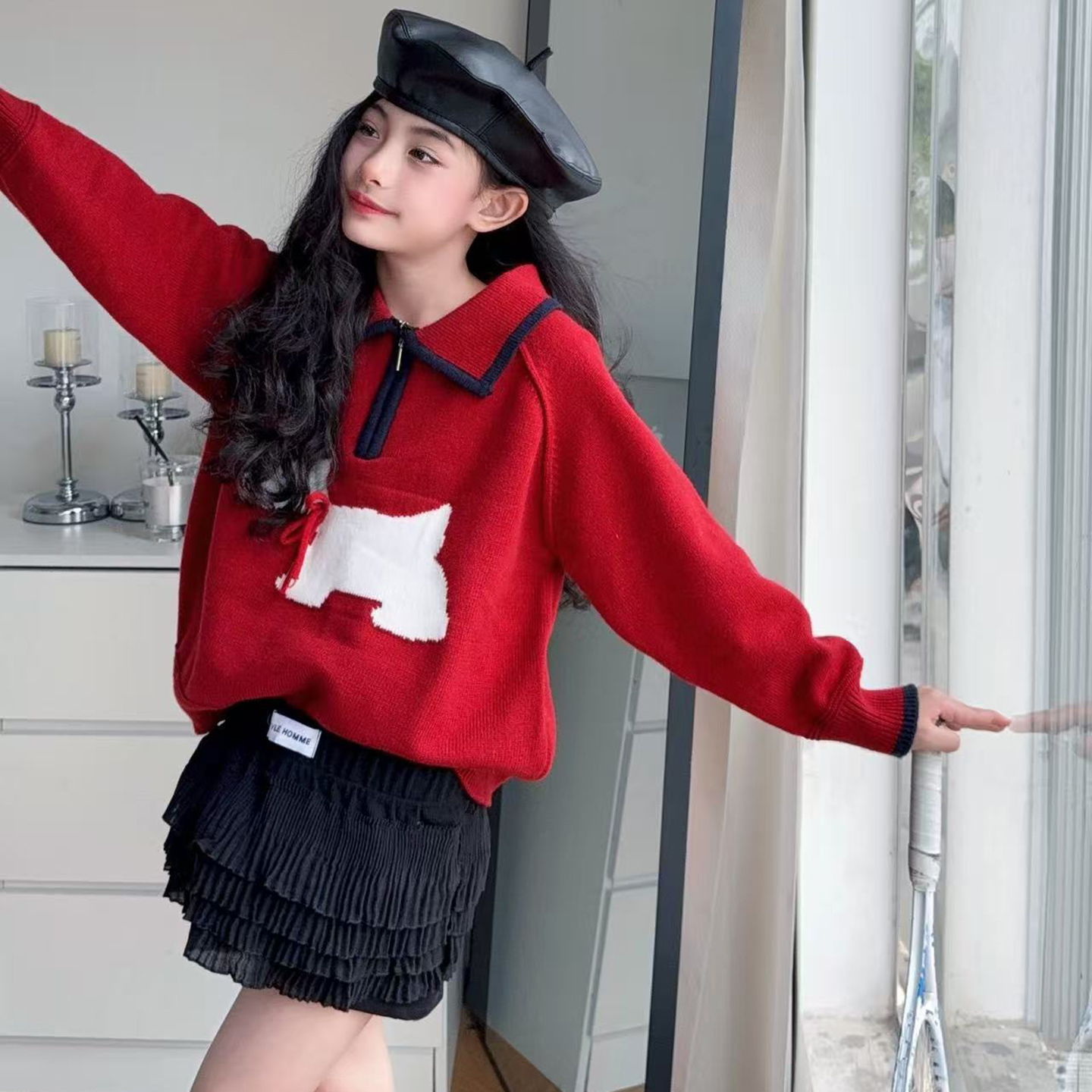 女童红色小狗毛衣针织衫两件套2025春秋新款洋气宽松牛仔裤套装