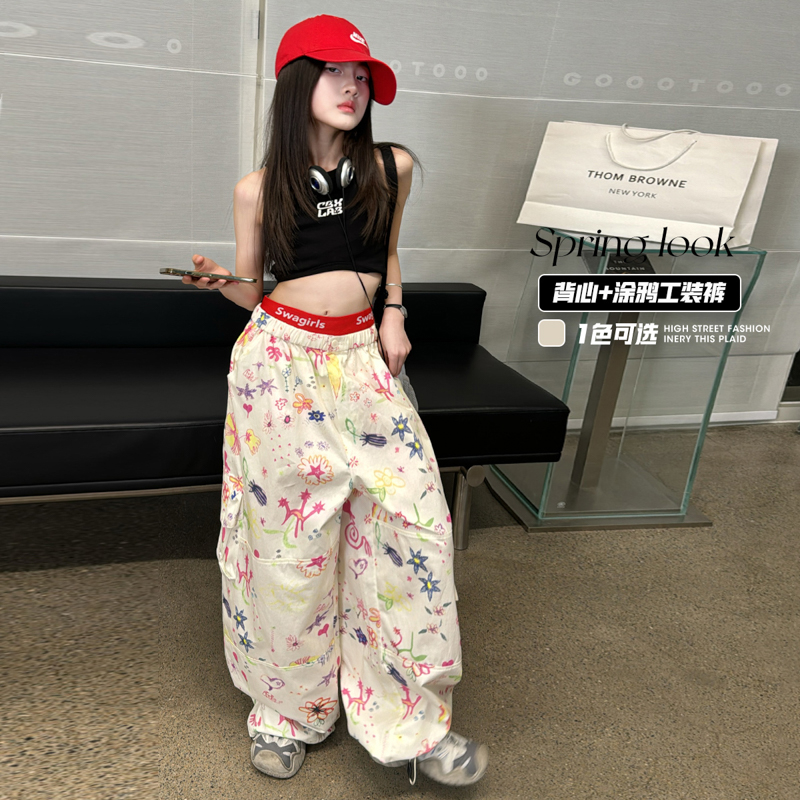 女童彩色涂鸦印花直筒工装裤2025夏季薄款休闲宽松阔腿裤拖地长裤