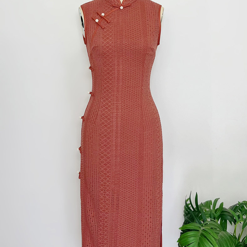 （顾盼·杏）初秋款针织旗袍无袖气质优雅显瘦旗袍日常休闲连衣裙