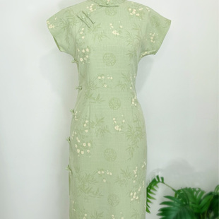 （露珠105cm）夏季薄款旗袍中长款小个子旗袍短袖款旗袍绿色旗袍