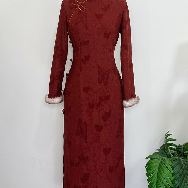 （暖鑫125cm）枣红色旗袍秋冬新款加绒加厚显瘦旗袍复古日常旗袍