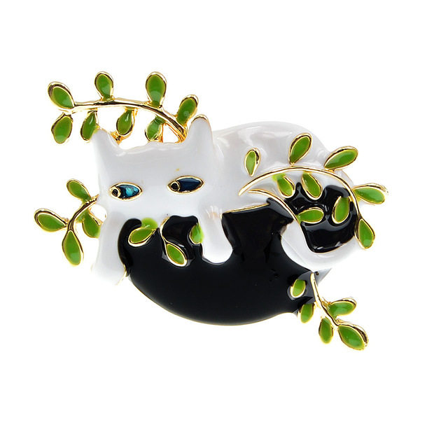 새로운 귀여운 게으른 고양이 브로치 2가지 색상 사용 가능 귀여운 검은 고양이 흰색 고양이 녹색 식물 브로치 노출 방지 고정 핀