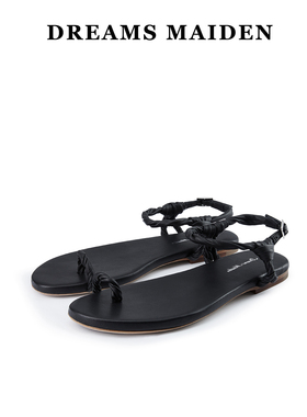 2025夏季新款Dreamsmaiden女鞋小众设计露趾黑色平底真皮时尚凉鞋