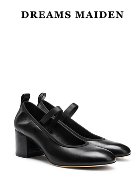 Dreamsmaiden女鞋小众设计2024秋冬新款圆头粗跟黑色真皮玛丽珍鞋