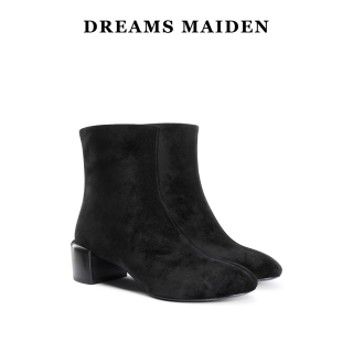 Dreams maiden设计师款黑色翻毛皮短靴简约粗跟圆头女靴秋冬裸靴
