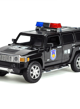 彩珀成真1:24合金黑色悍马H3公安警车模型越野车开门声光儿童玩具