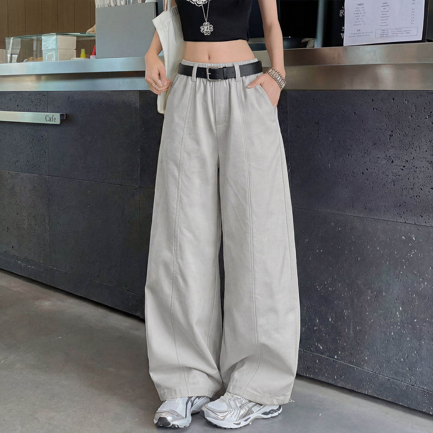 弯刀阔腿裤女2026新款夏季薄款高腰垂坠感小个子休闲工装运动裤子