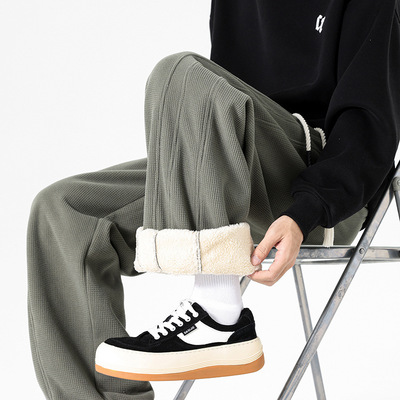 羊羔绒裤子男士冬季新款保暖加绒加厚棉裤宽松青少年运动休闲长裤