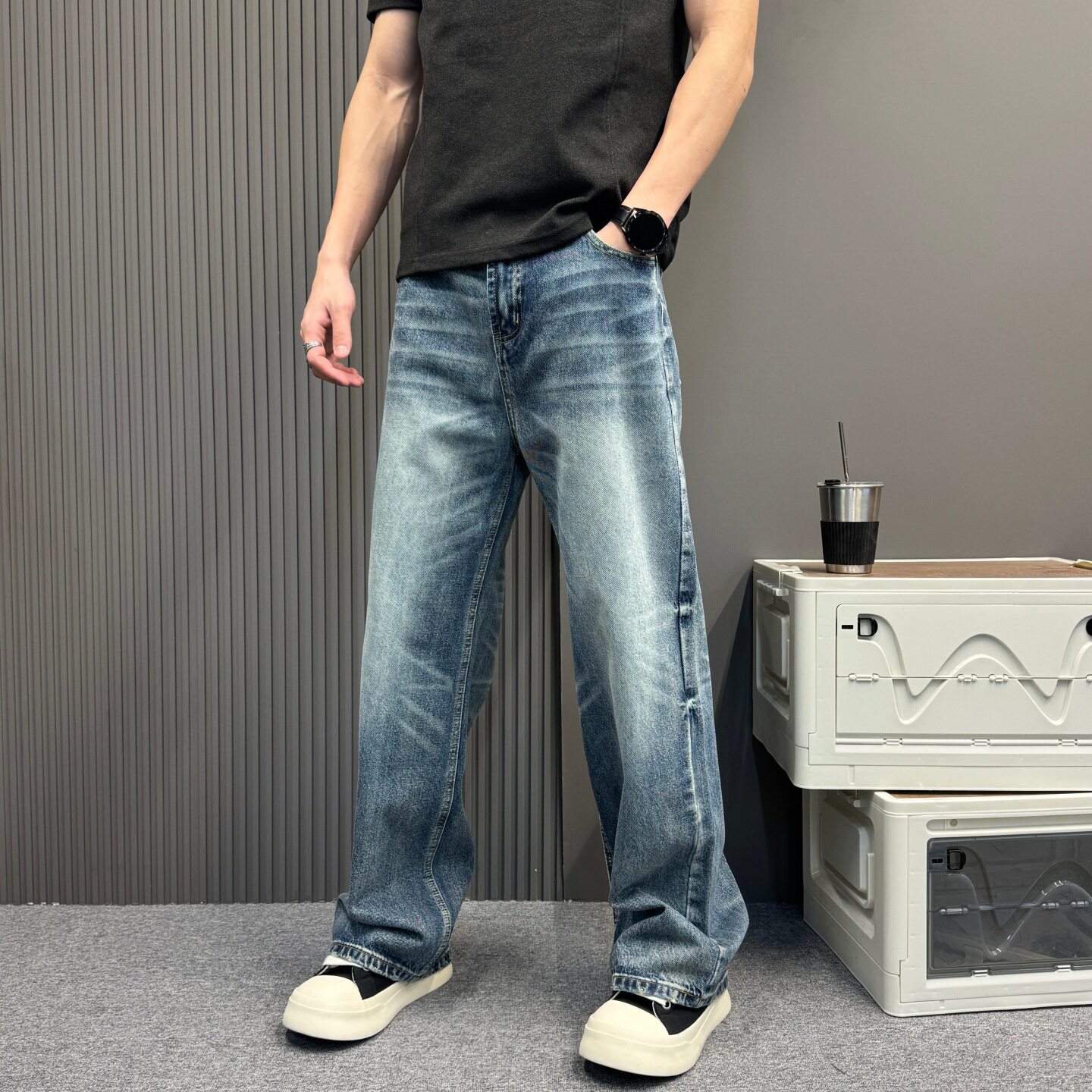 夏季牛仔裤男生2026款长裤猫须直筒裤蓝色显瘦休闲阔腿宽松裤子