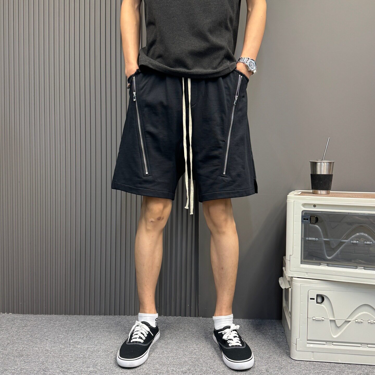 美式高街双开大拉链短裤男女款宽松吊裆裤子潮牌休闲运动五分裤夏