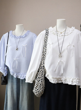 [比正]2026早春新韩版木耳边立体蝴蝶结条纹显瘦泡泡袖衬衫女5898