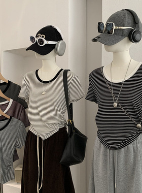 欧玛莱 纯欲风修身显瘦U领撞色细条纹短袖褶皱T恤上衣批发女 5977