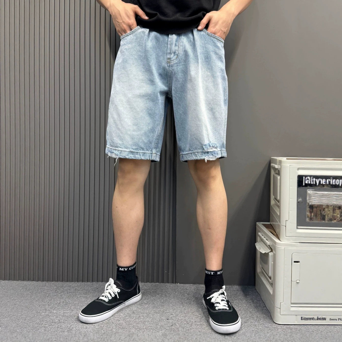 浅蓝水洗破洞牛仔短裤男夏季毛边裤脚宽松直筒五分裤美式休闲中裤