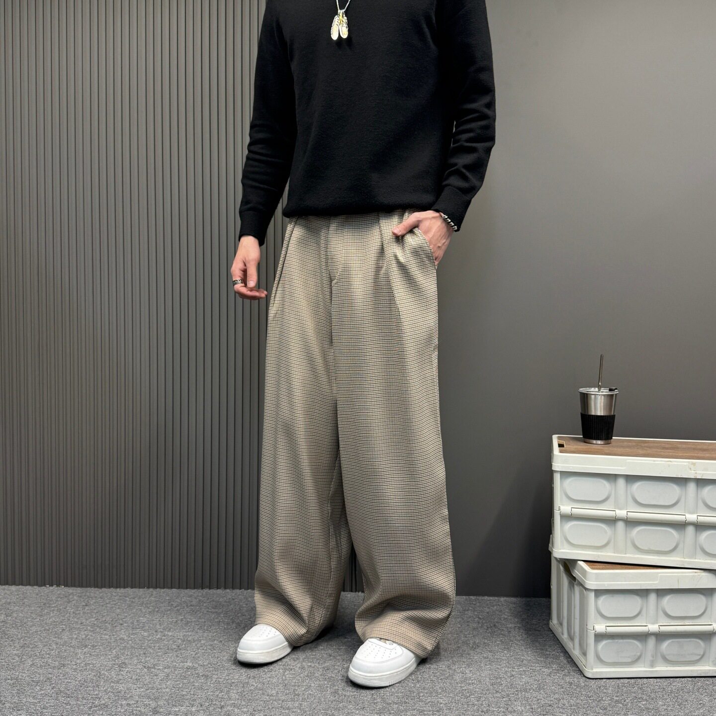 复古老钱风千鸟格浅棕色打褶西装潮牌中性男女松弛感简约休闲长裤