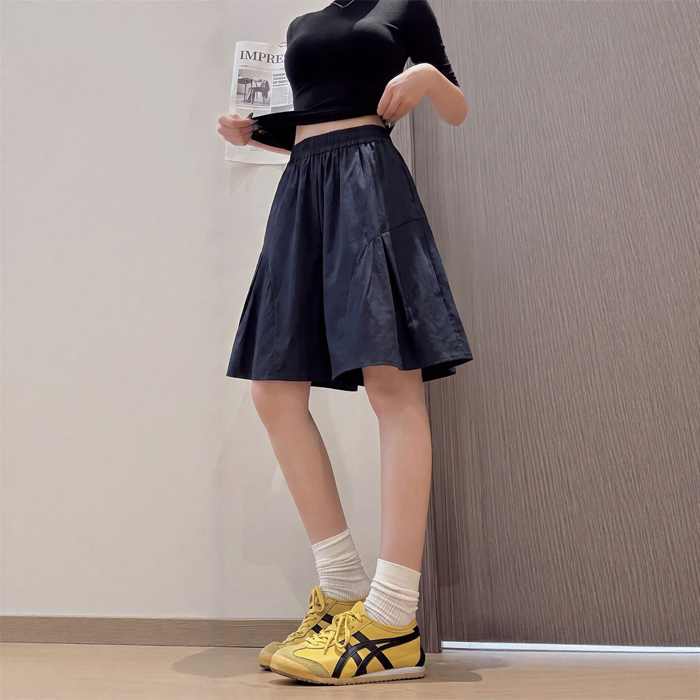 藏青色速干短裤女夏季薄2026新款高腰美式运动裤裙冰丝工装五分裤