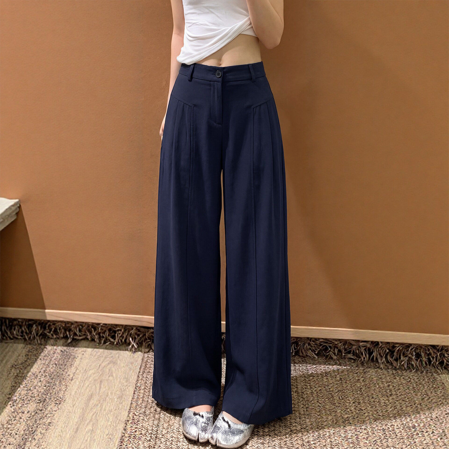 藏青色亚麻阔腿裤女夏季薄高级感垂坠感老钱风休闲冰丝棉麻西装裤