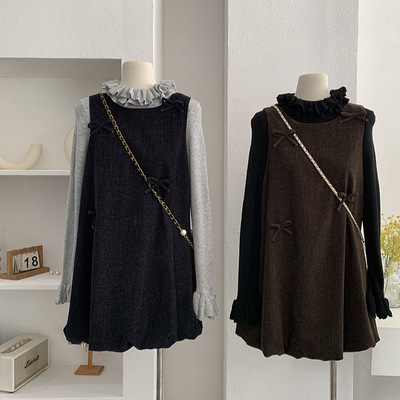 欧玛莱 蝴蝶结花苞背心连衣裙女秋冬叠穿花边领毛衣两件套潮 5906