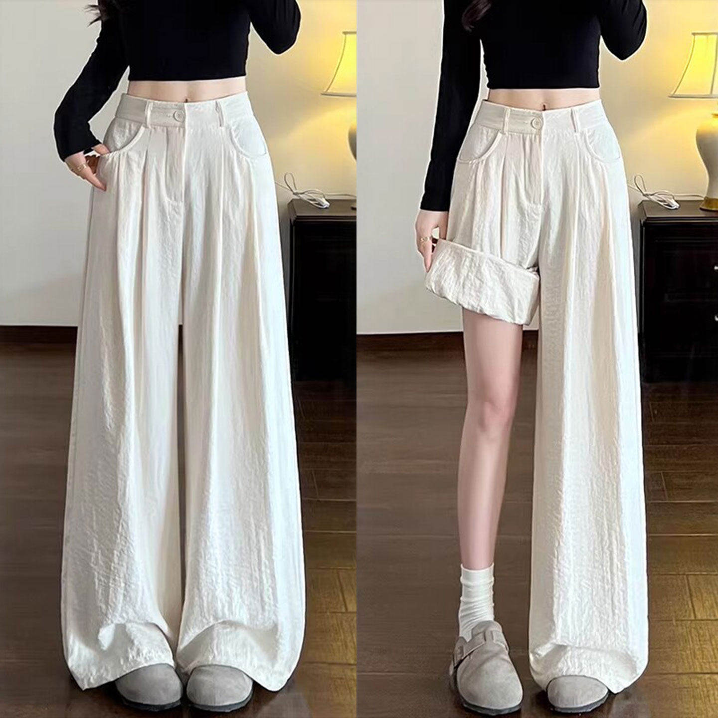 奶芙白色西装裤女夏薄款高腰垂感宽松直筒小个子冰丝山本阔腿裤子