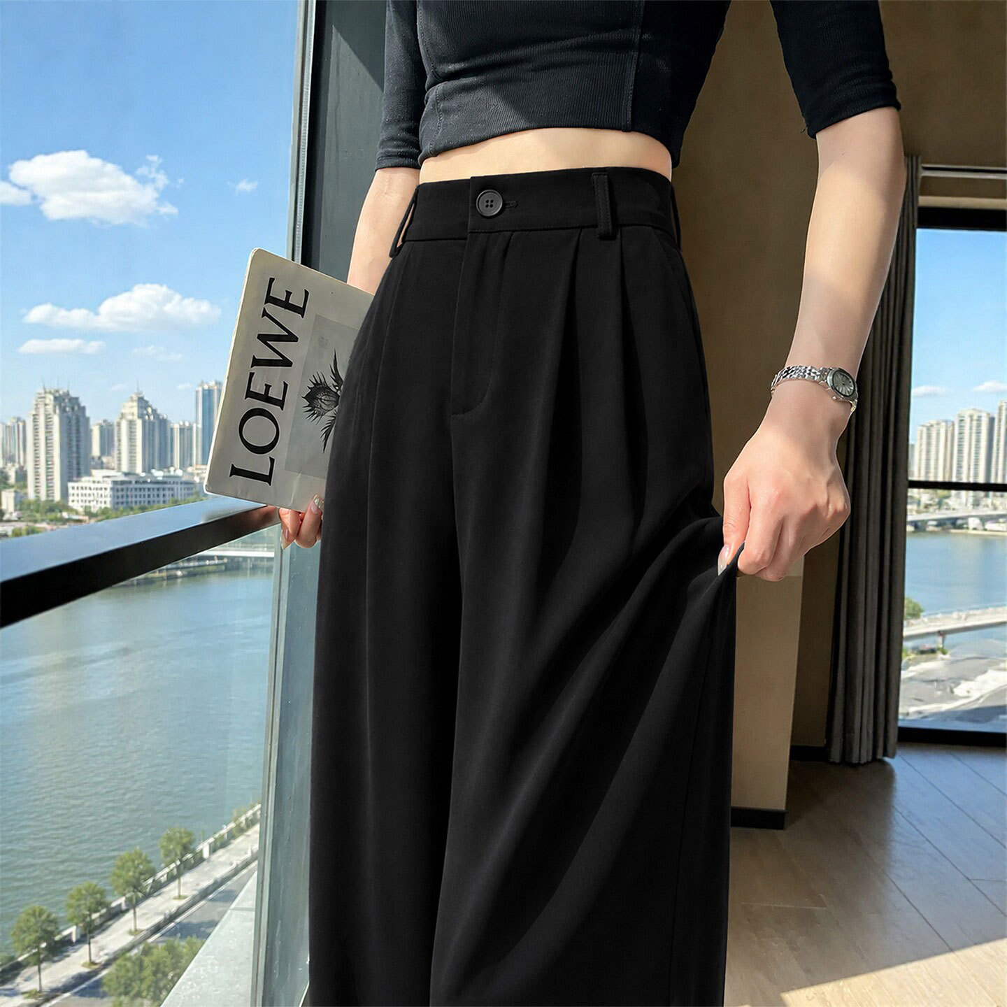 黑色西装阔腿裤子女夏季薄款冰丝垂感高级感西裤小个子窄版直筒裤