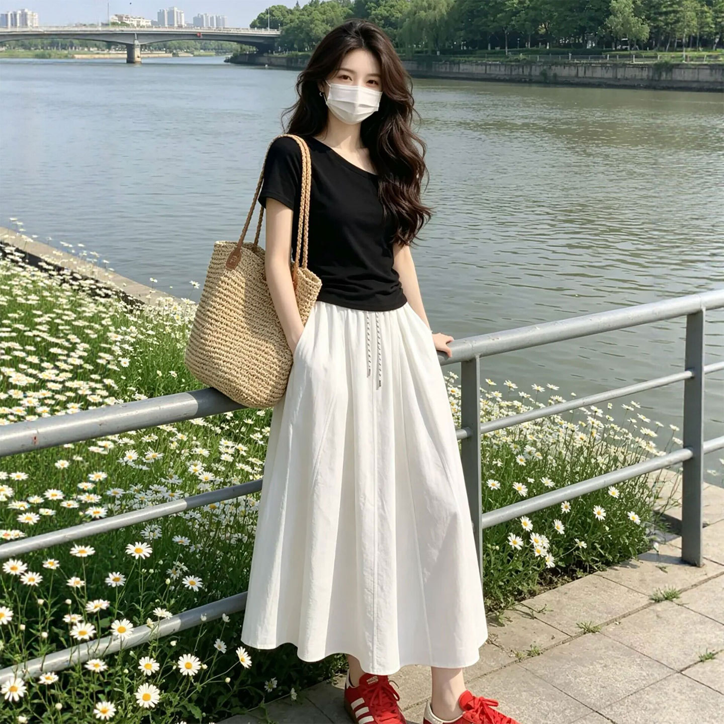 白色工装半身裙女2026新款夏季薄款速干a字伞裙高腰百褶蓬蓬长裙