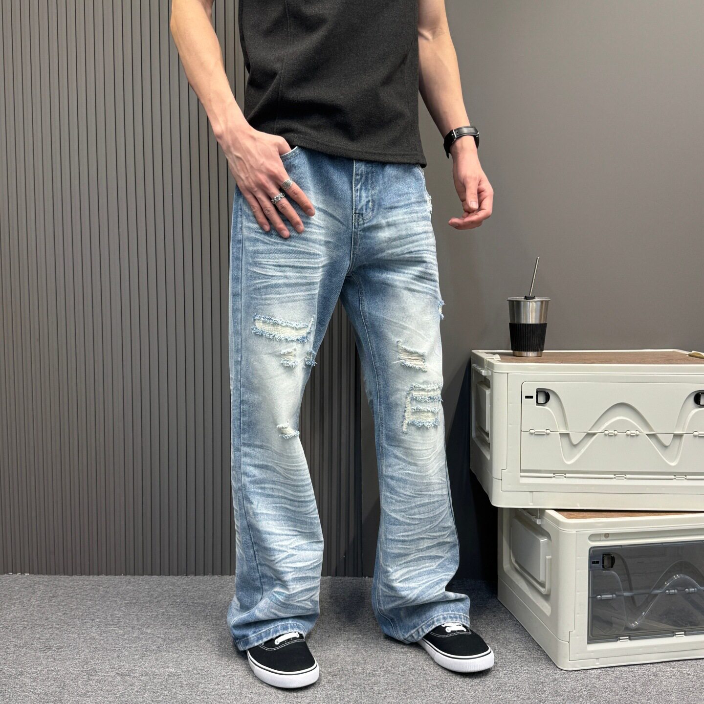 蓝色水洗破洞牛仔长裤喇叭裤男女街头时尚大码宽松百搭休闲裤潮