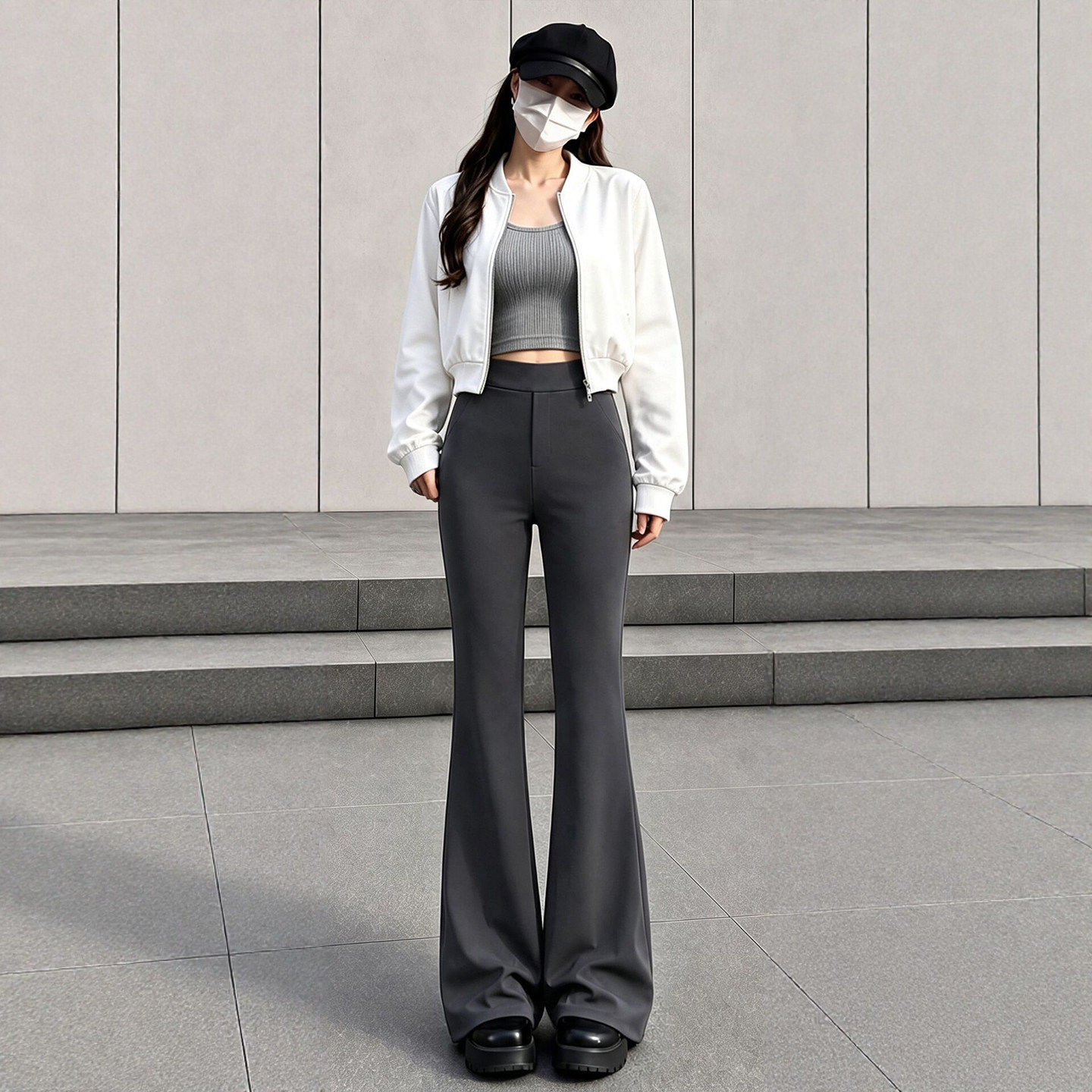 微喇裤女裤子2026新款秋冬加绒灰色小个子大码高腰显瘦西装喇叭裤