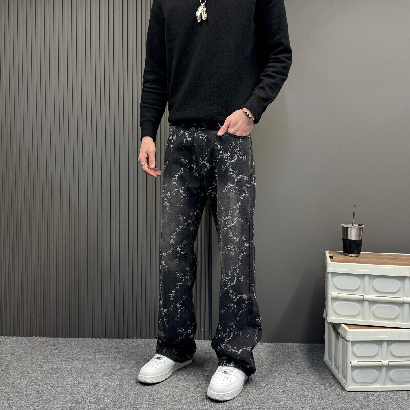 美式复古蓝提花牛仔裤男款春季小众设计感裤子美式高街直筒微喇裤