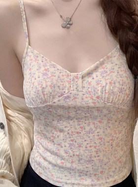 紫色碎花吊带背心女夏日新款修身可外穿辣妹绝美无袖内搭短款上衣