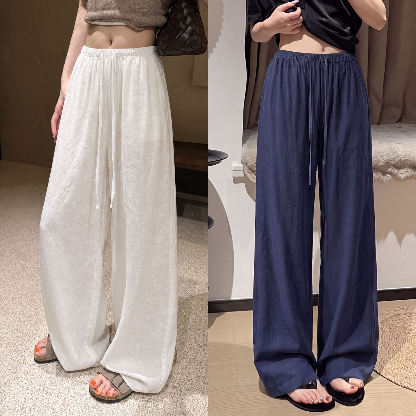 白色亚麻阔腿裤女夏季薄款大码宽松老钱风小个子休闲棉麻直筒裤子