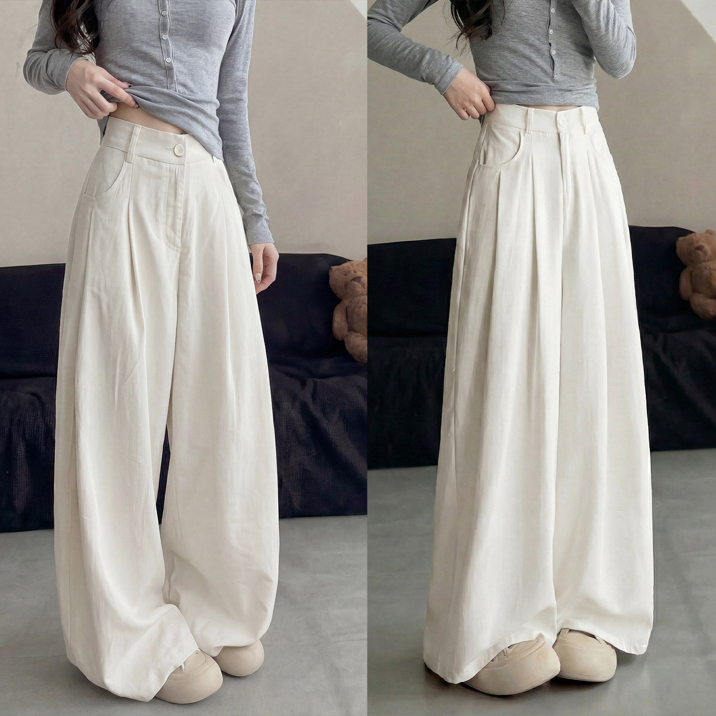 白色奶芙山本裤女春秋2026新款宽松bf慵懒风小个子休闲西装阔腿裤