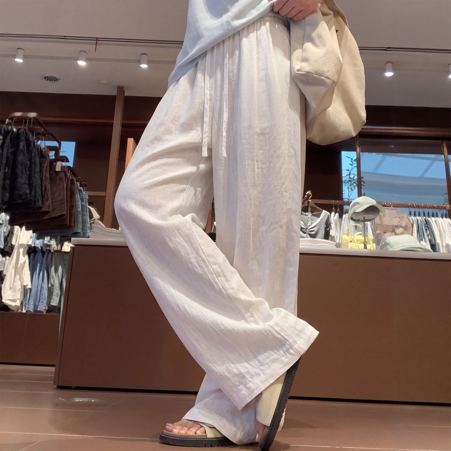 天丝亚麻裤女夏薄款胖mm大码宽松慵懒风白色垂感棉麻弯刀阔腿裤子