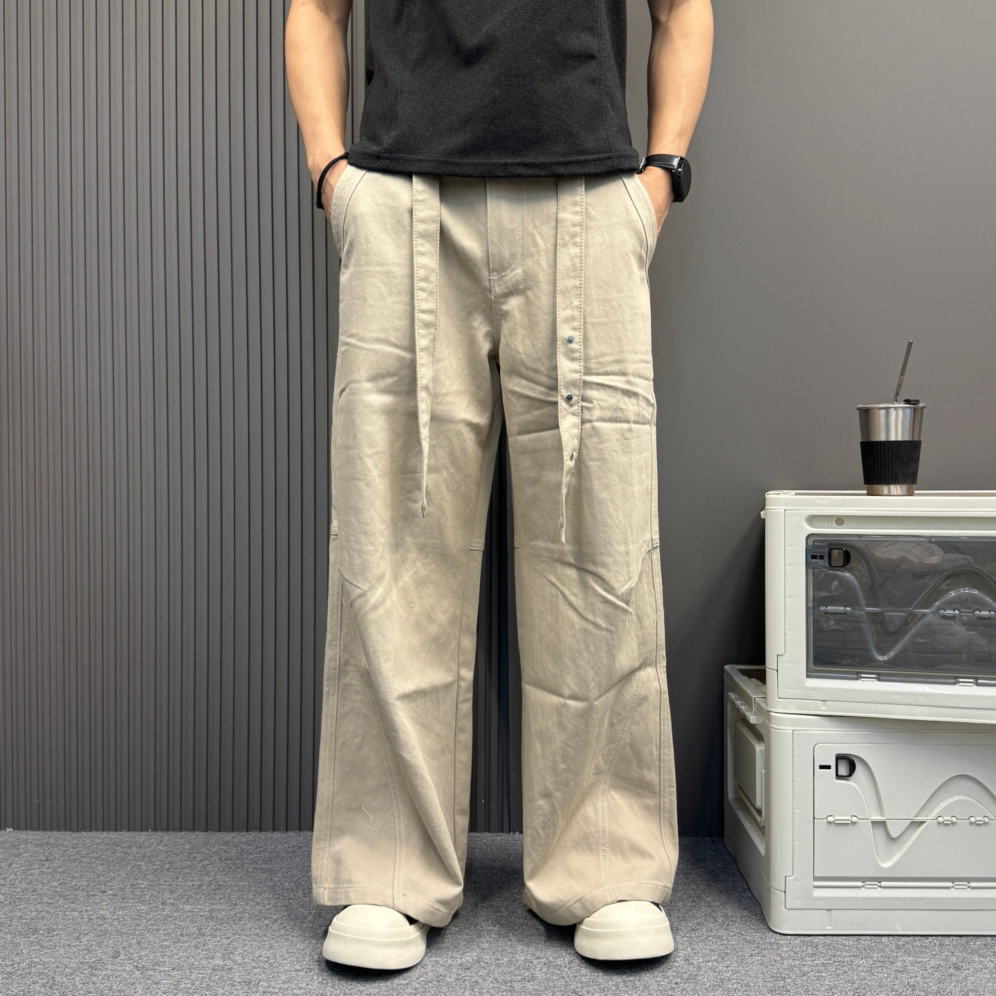 复古休闲阔腿直筒休闲裤男女同款浅色系通勤百搭腰带调节直筒裤子