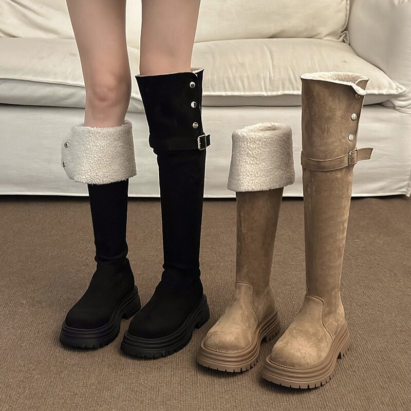厚底粗跟显瘦2026女靴子冬季过膝长靴加绒骑士雪地靴时装靴复古棉