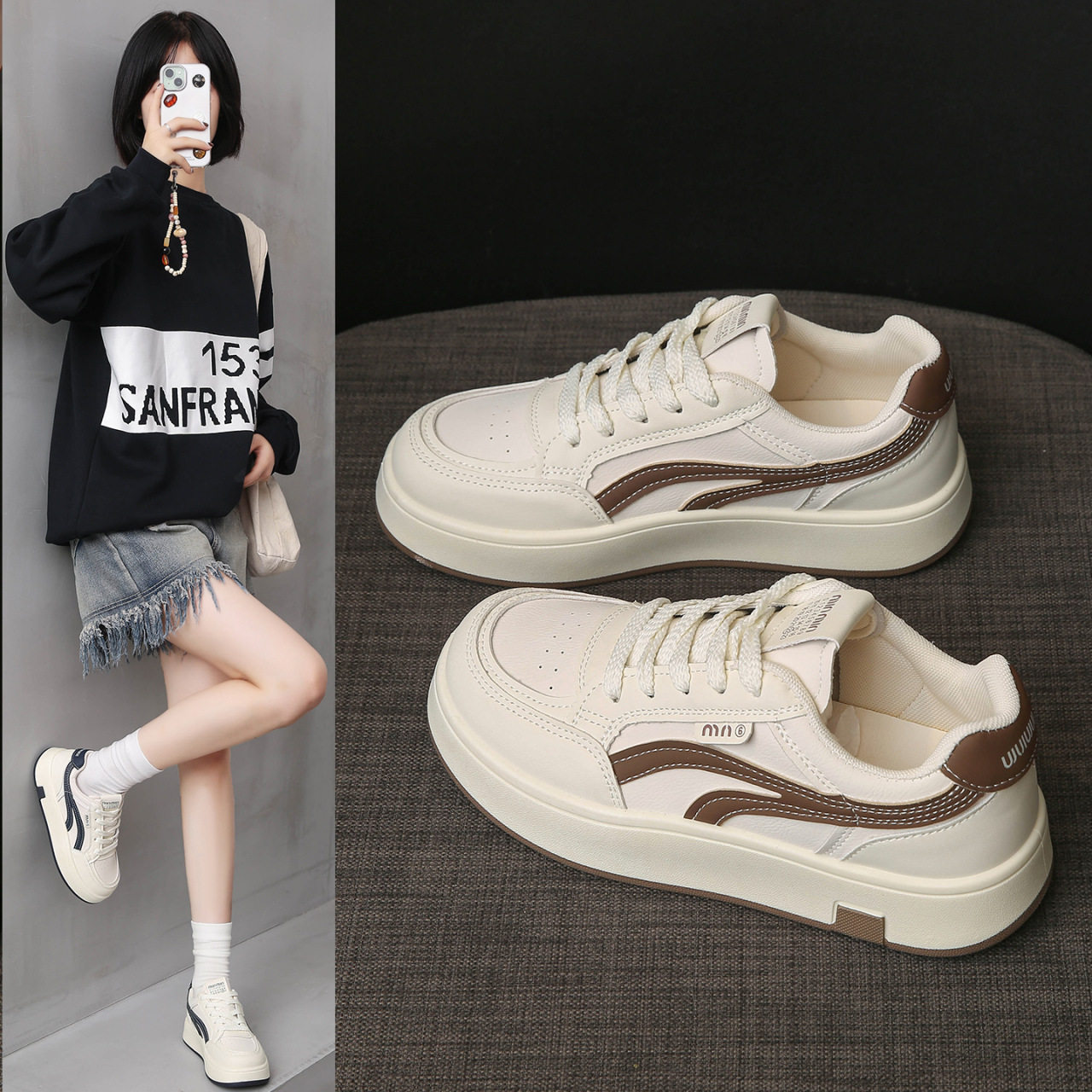 小白鞋女款2026新款秋季薄款透气厚底运动学生配裙子增高休闲板鞋