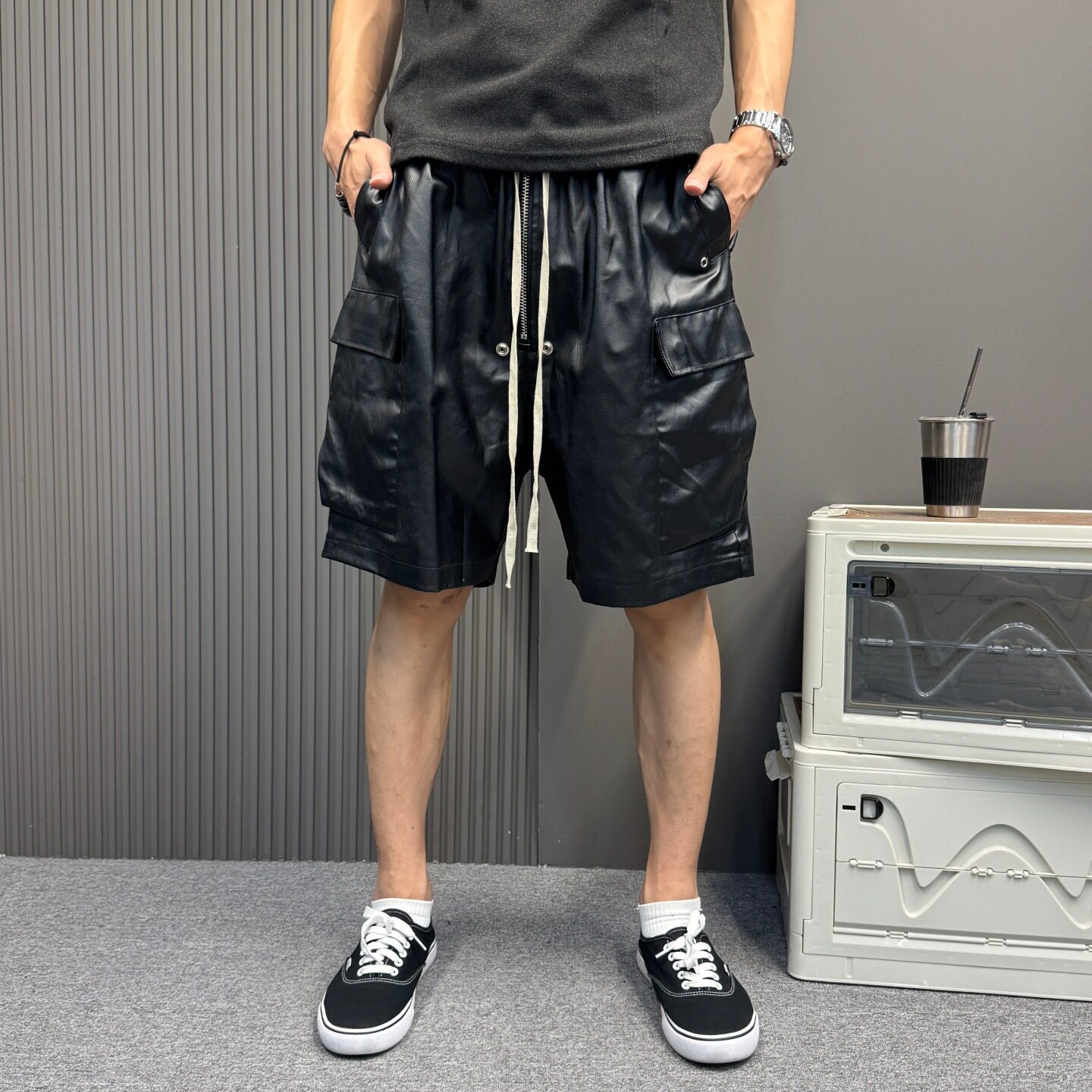 美式哑光面涂层工装短裤多口袋工装五分裤宽松阔腿潮流短裤男女款