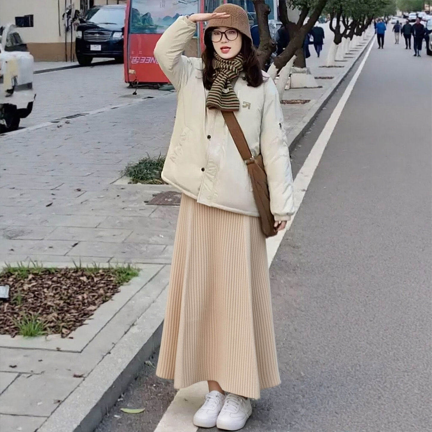 针织半身裙女2026新款燕麦色高腰秋季半裙小个子长款宽松毛呢裙子