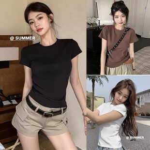 正肩短袖t恤女2026新款夏季黑色大码修身显瘦内搭圆领打底小上衣