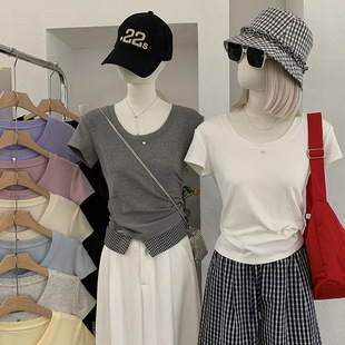 欧玛莱 2026年春夏季新品圆领小圆片装饰短袖纯色修身显瘦T恤6813