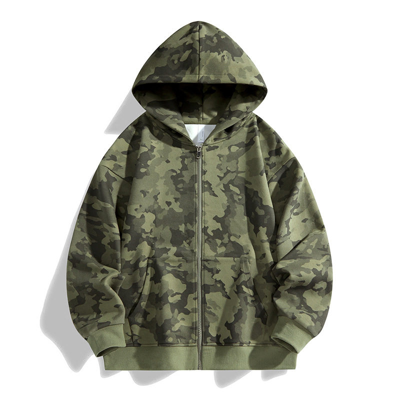 迷彩拉链连帽卫衣男装春秋季新款复古潮流男女款开衫外套源头厂家