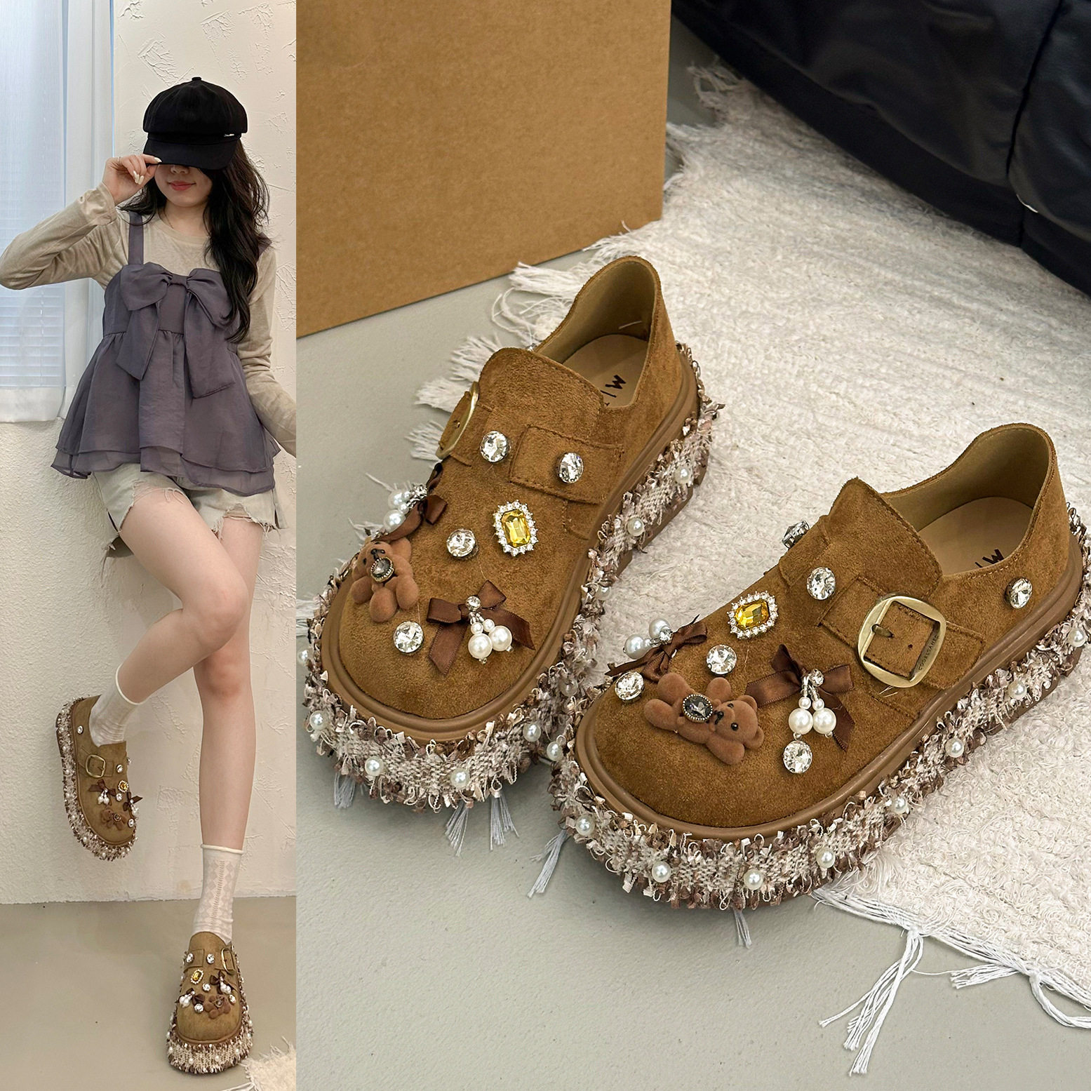 设计感卡通金色小熊水钻勃肯鞋女2026新款皮带扣珍珠链条边单鞋子