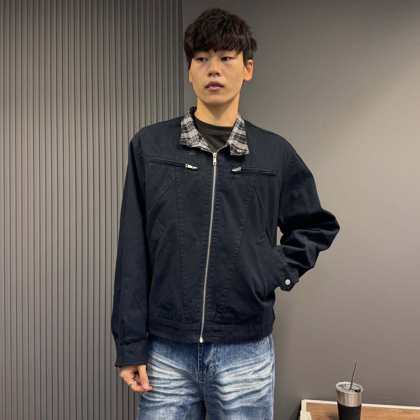美式街头风格子拼接夹克男女情侣款秋冬防风新款潮牌工装休闲外套