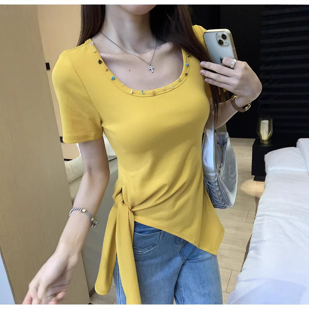 方领短袖T恤女2026春夏新款设计感开叉绑带不规则中长款显瘦上衣