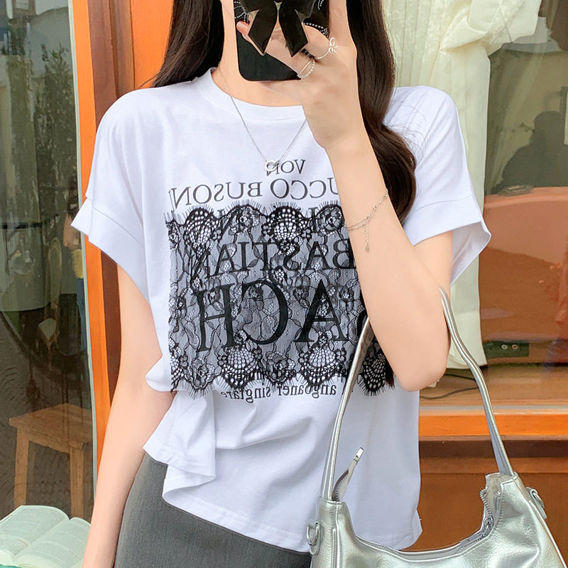 2026年夏季新款时尚字母蕾丝拼接小飞袖纯棉百搭打底衫短袖T恤女