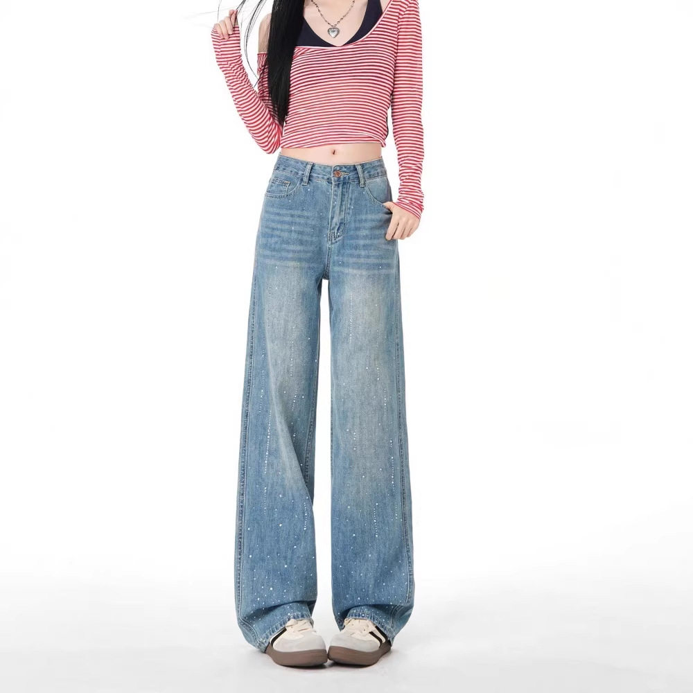 浅蓝色满天星带钻窄版阔腿牛仔裤女2026新款烫钻高腰显瘦直筒裤子