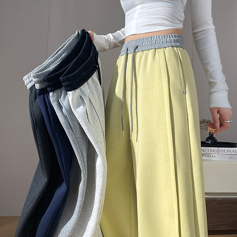 撞色窄版休闲阔腿卫裤女2026春季新品小个子高腰显瘦直筒弯刀裤子