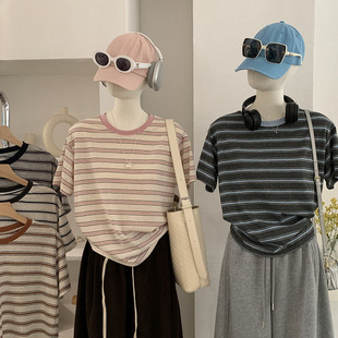 欧玛莱 宽松套头T恤上衣实拍女5973 韩系休闲百搭撞色条纹圆领短袖